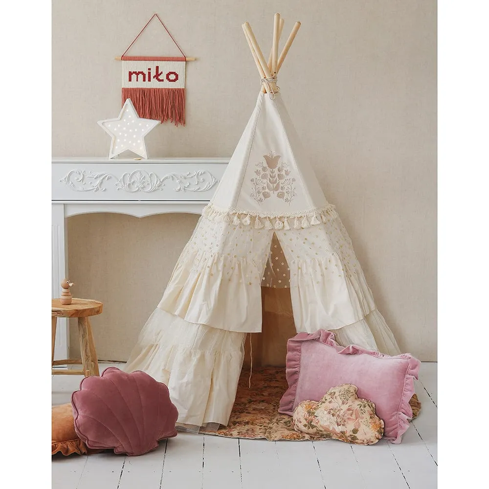 Boho Teepee With Glitter Frills And Embroidery - Beige