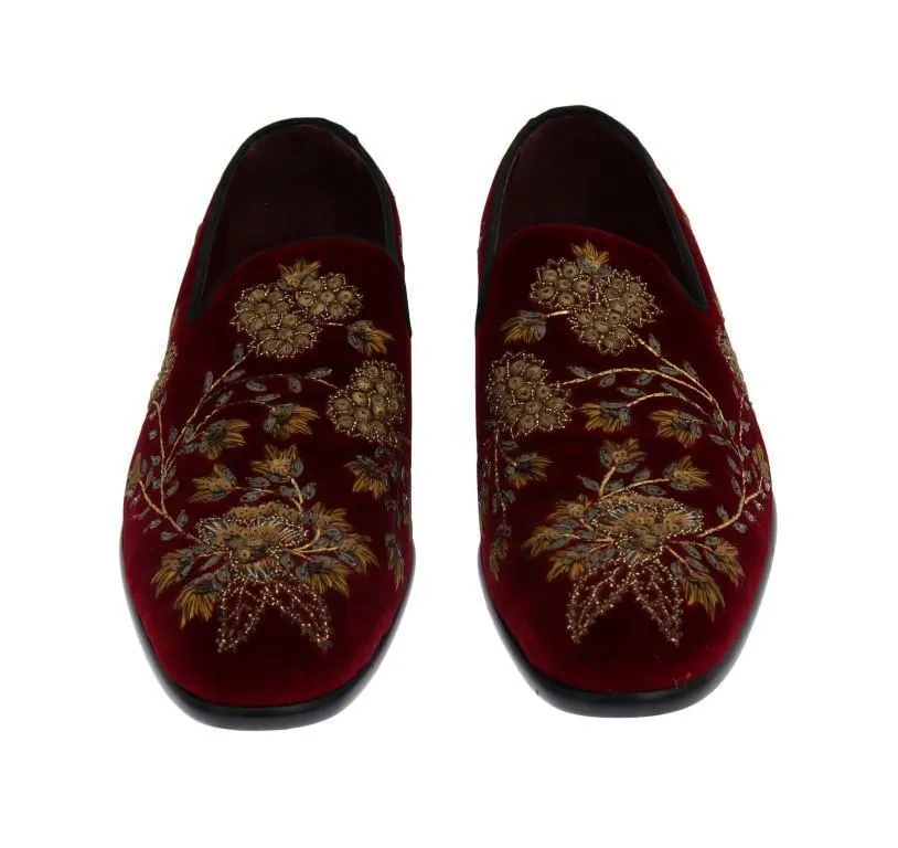 Bordeaux Velvet Gold Floral Loafers