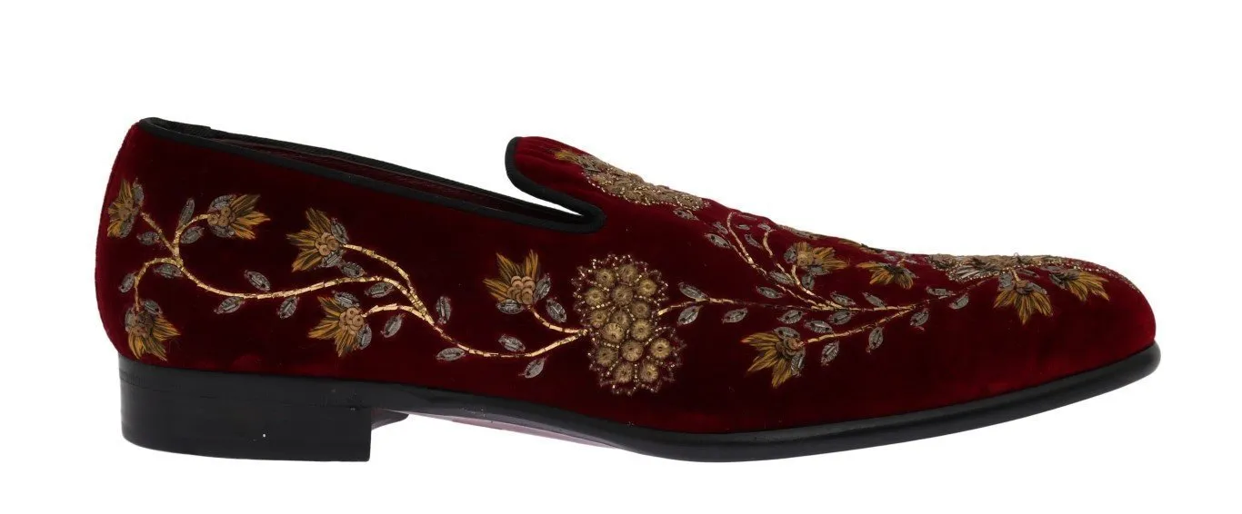Bordeaux Velvet Gold Floral Loafers