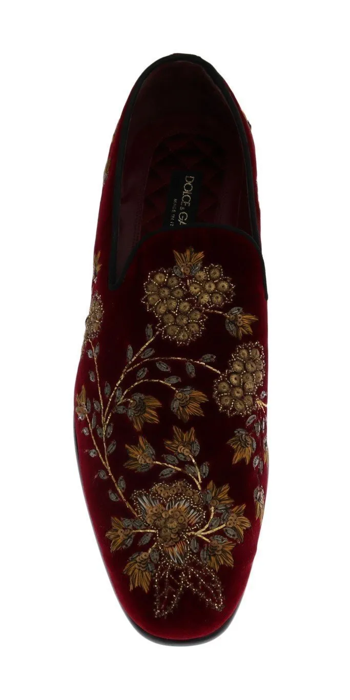 Bordeaux Velvet Gold Floral Loafers