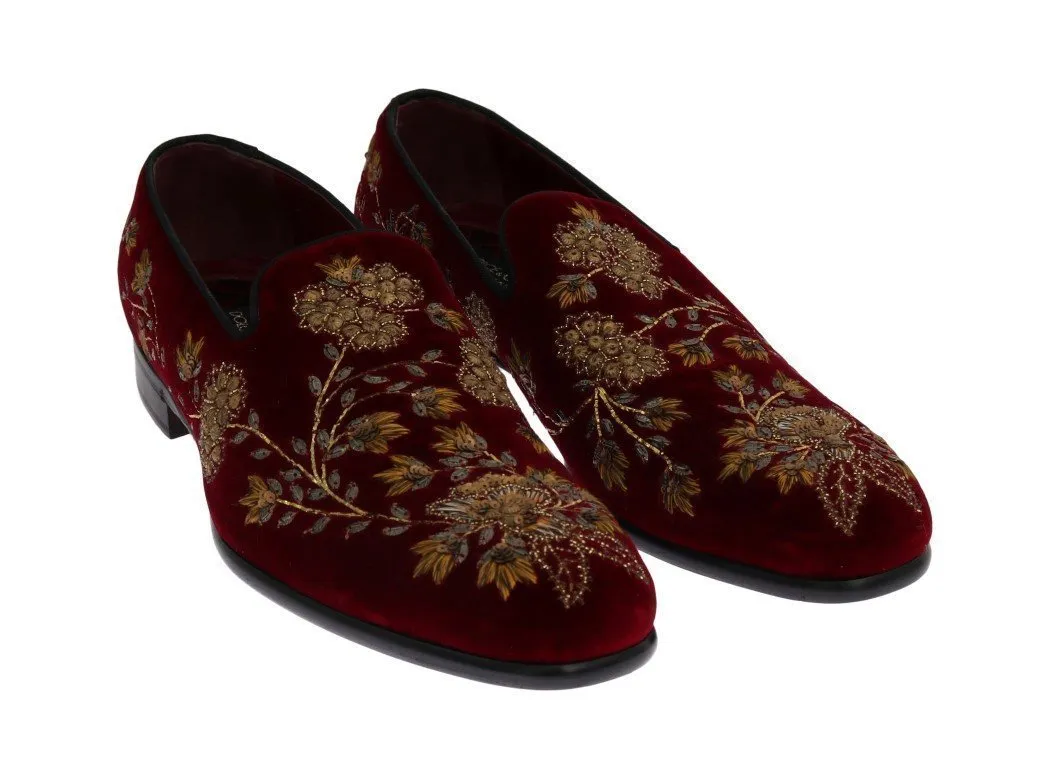 Bordeaux Velvet Gold Floral Loafers