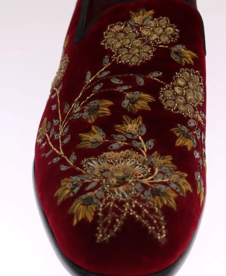 Bordeaux Velvet Gold Floral Loafers