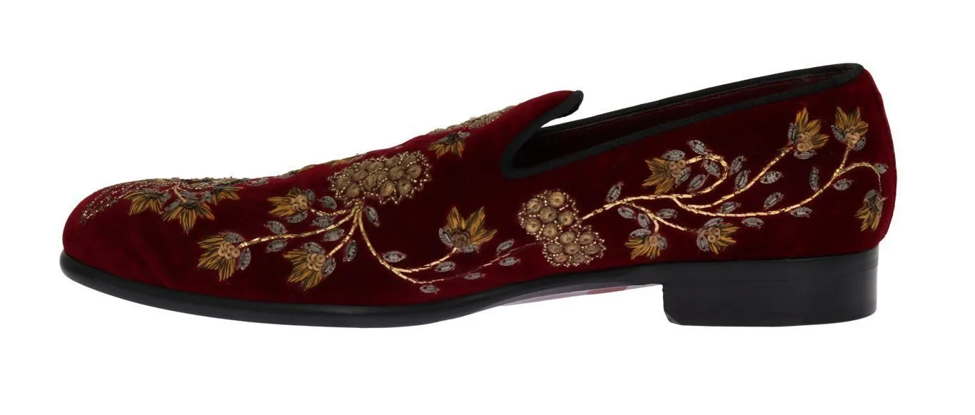 Bordeaux Velvet Gold Floral Loafers
