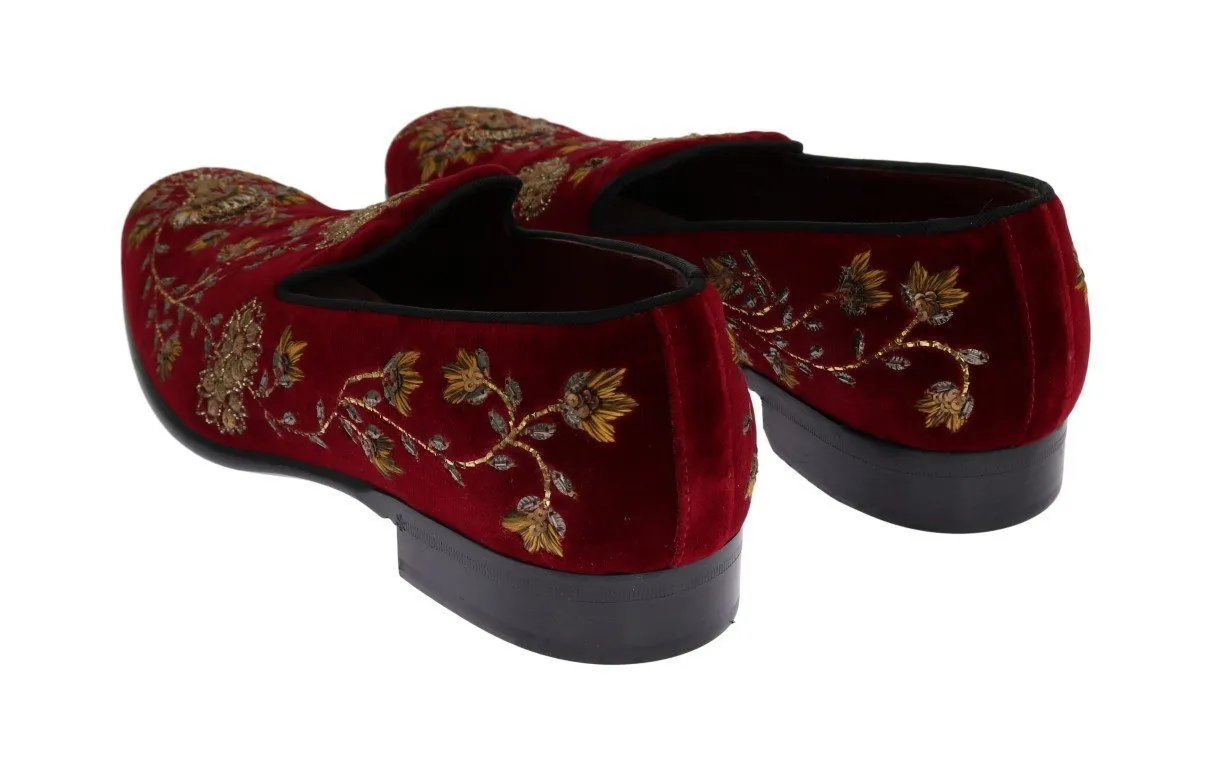 Bordeaux Velvet Gold Floral Loafers
