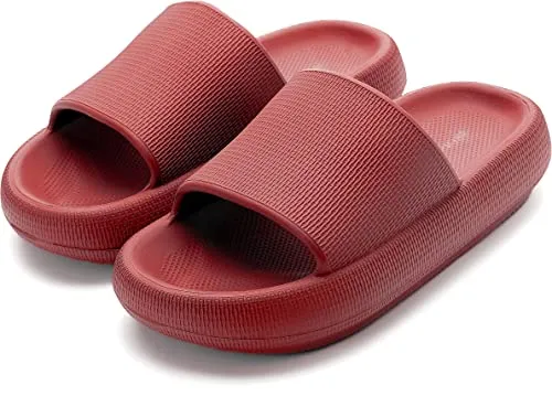 BRONAX Pillow Cloud Slides for Women EVA Open Toe Soft Spa Comfortable Bath Bathroom Cushion Pool Gym Beach House Sandals Slippers for Women Male Red