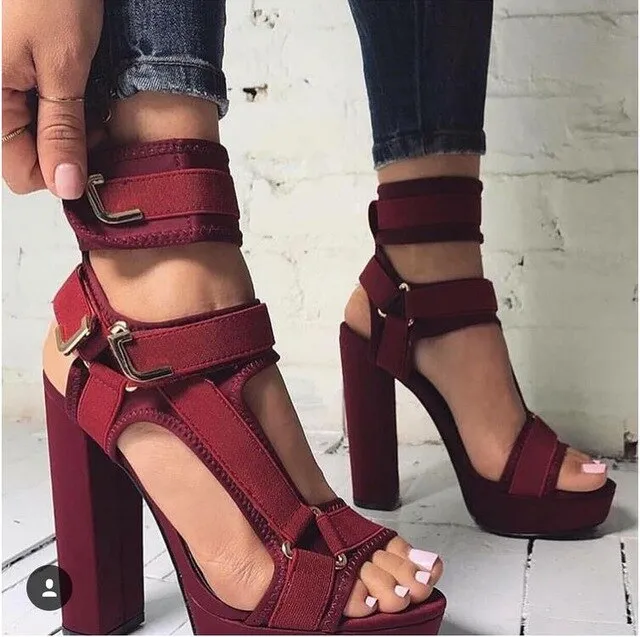 Buckle Strap High Heels Sandals Women Wine Red Army Green Ruffle Sandals