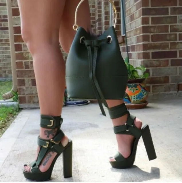 Buckle Strap High Heels Sandals Women Wine Red Army Green Ruffle Sandals