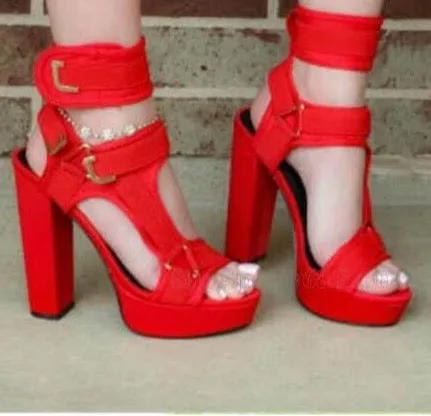 Buckle Strap High Heels Sandals Women Wine Red Army Green Ruffle Sandals