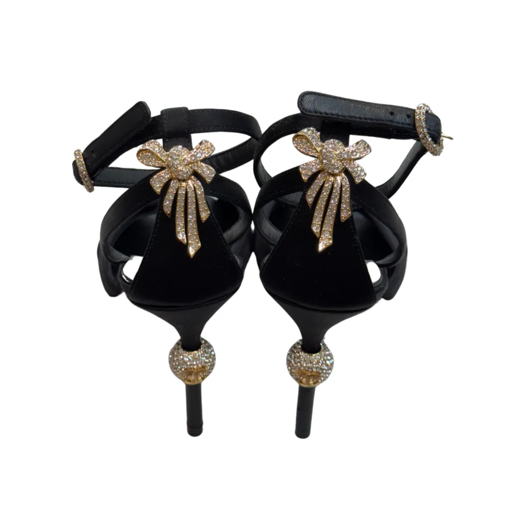 Chanel '23 Black Satin Ankle Strap Sandals, 39.5