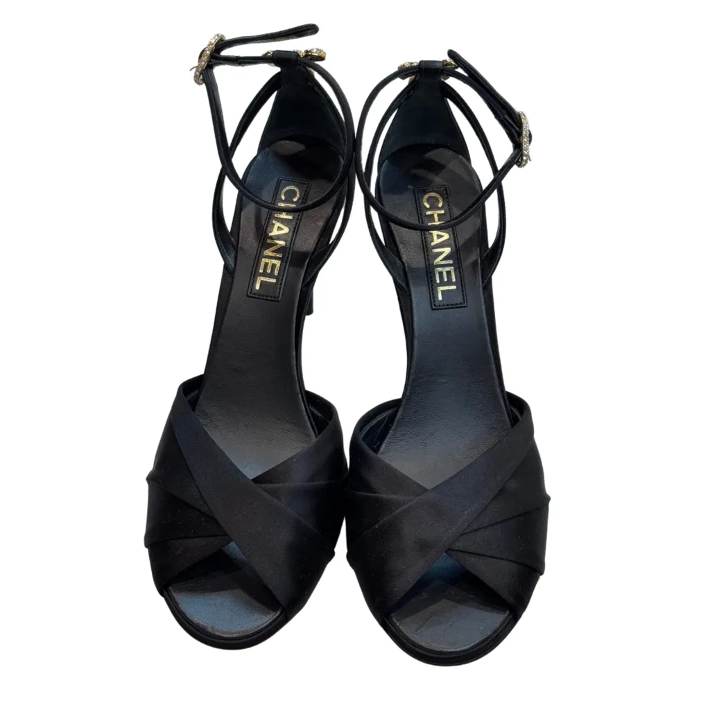 Chanel '23 Black Satin Ankle Strap Sandals, 39.5