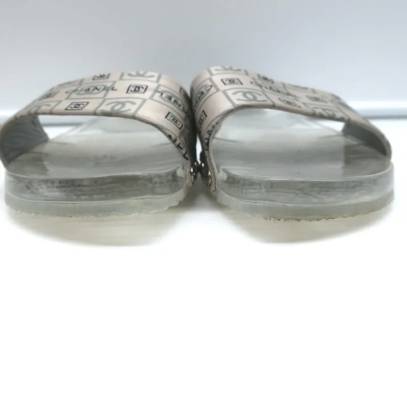 Chanel CC Acrylic Clog Sandals Silver Printed Satin Size 38 Flat Slides
