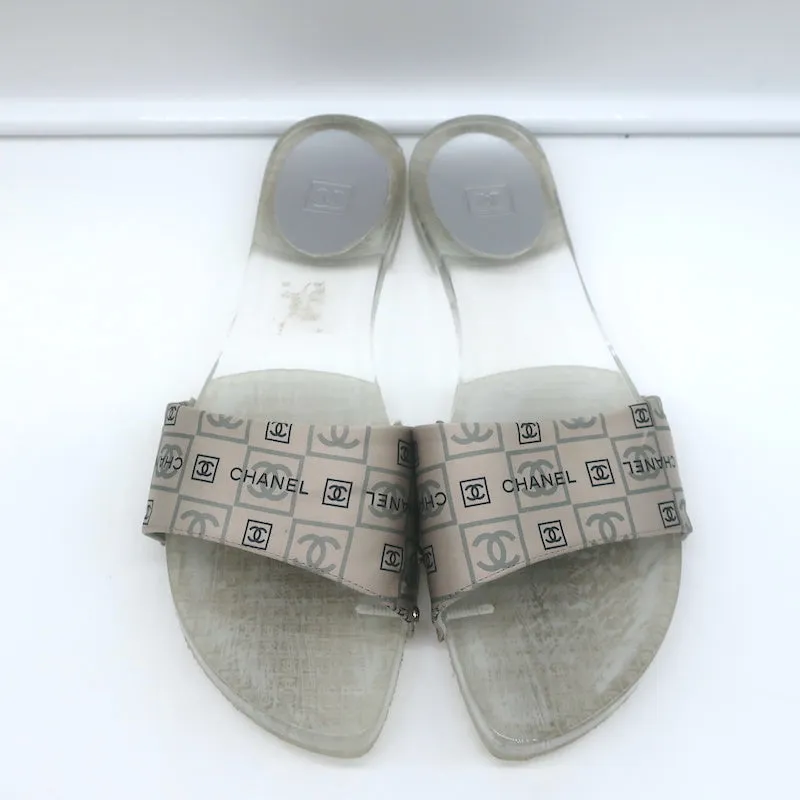 Chanel CC Acrylic Clog Sandals Silver Printed Satin Size 38 Flat Slides