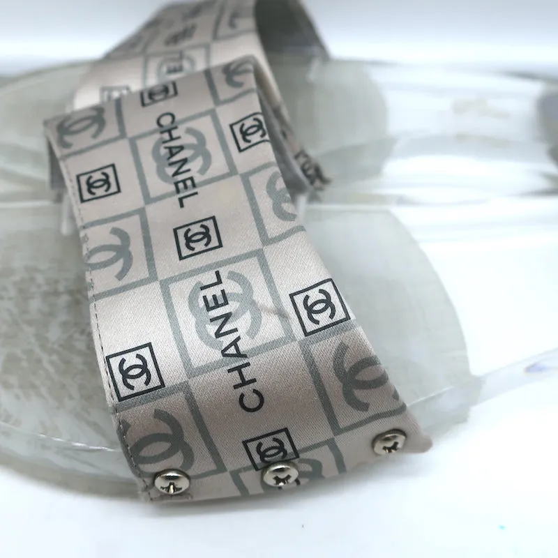 Chanel CC Acrylic Clog Sandals Silver Printed Satin Size 38 Flat Slides
