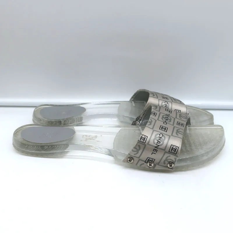 Chanel CC Acrylic Clog Sandals Silver Printed Satin Size 38 Flat Slides