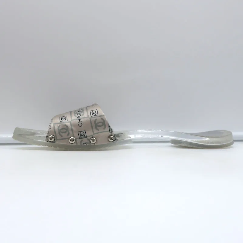 Chanel CC Acrylic Clog Sandals Silver Printed Satin Size 38 Flat Slides