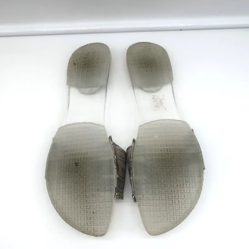 Chanel CC Acrylic Clog Sandals Silver Printed Satin Size 38 Flat Slides