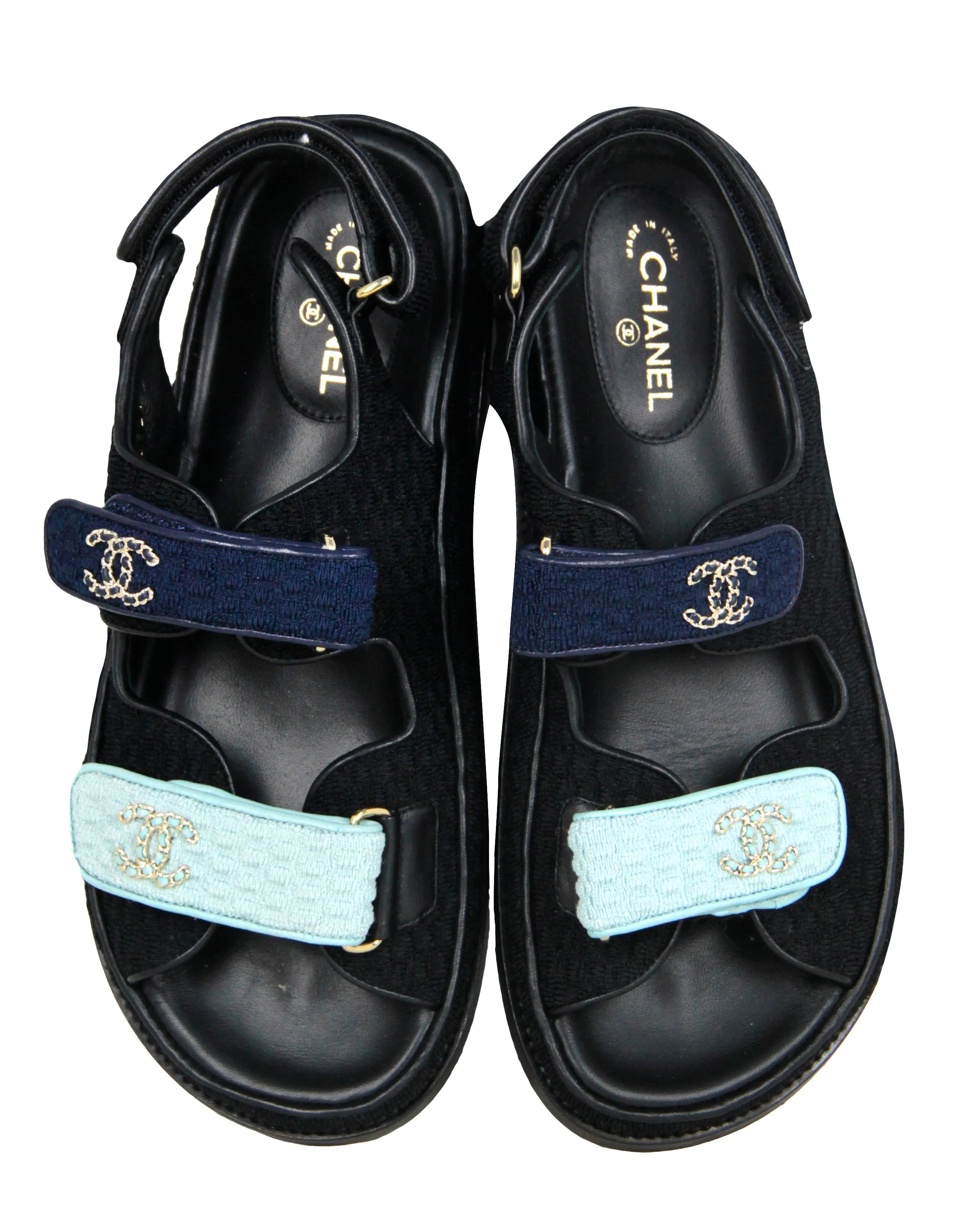 Chanel Light/Dark Blue Knit Fabric Velcro Dad Sandals sz 38