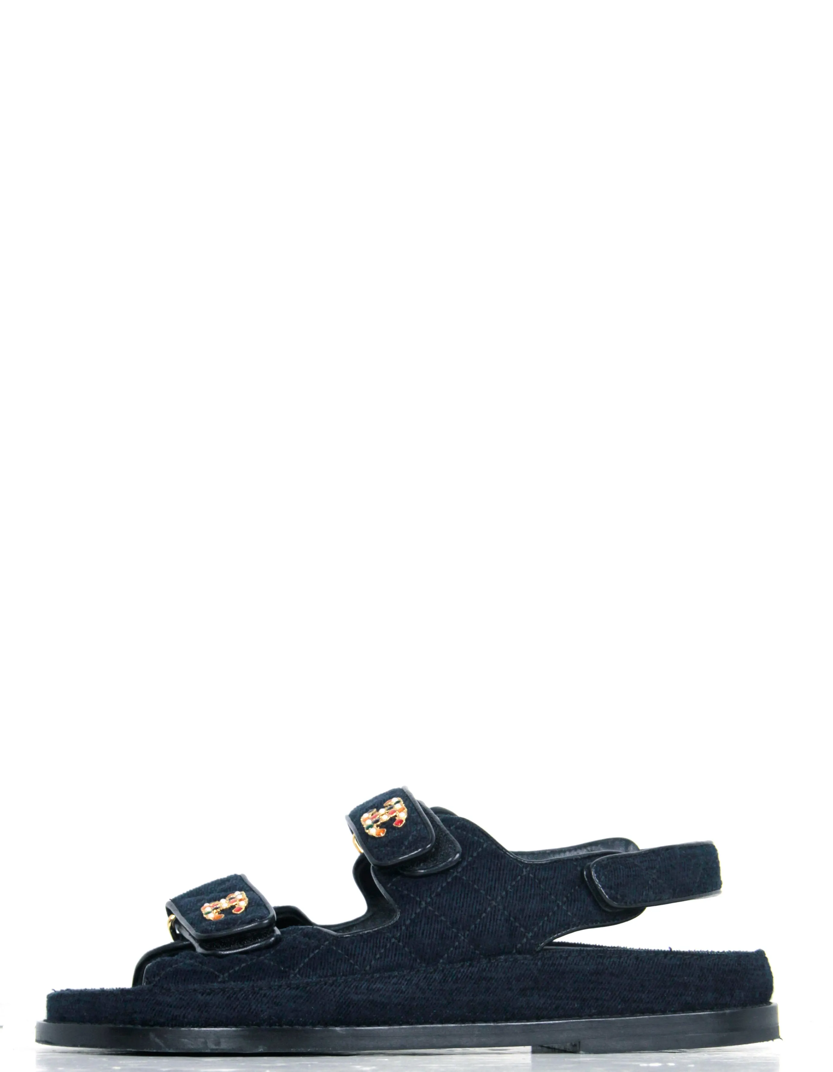 Chanel Navy Blue Velvet Velcro Dad Sandals sz 38