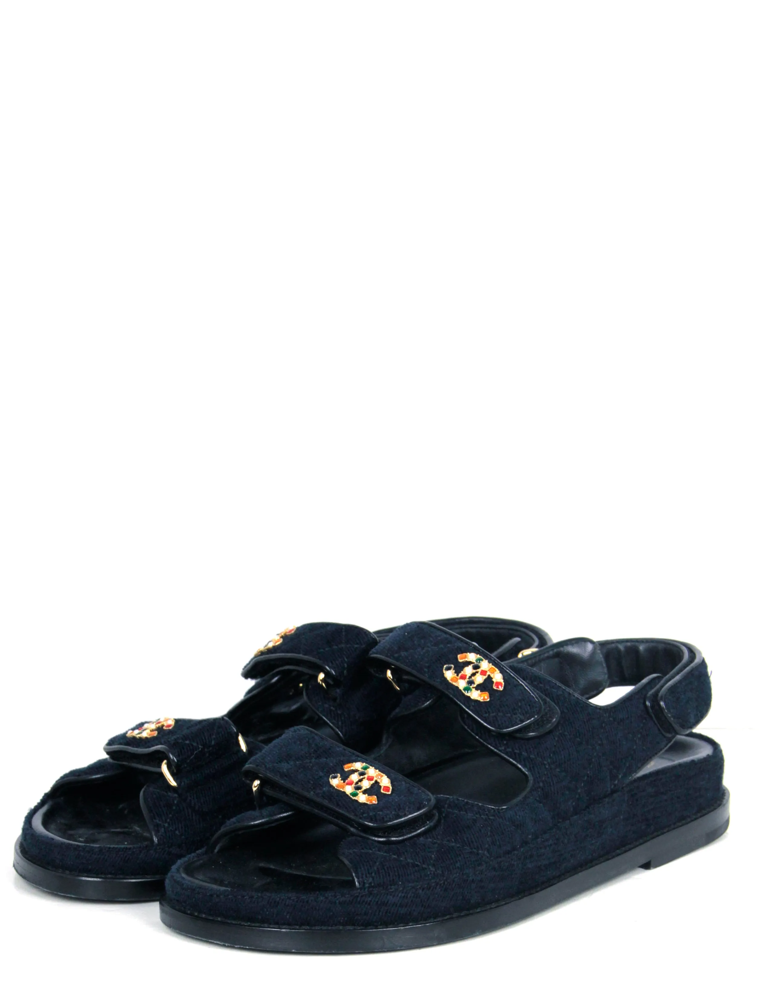 Chanel Navy Blue Velvet Velcro Dad Sandals sz 38