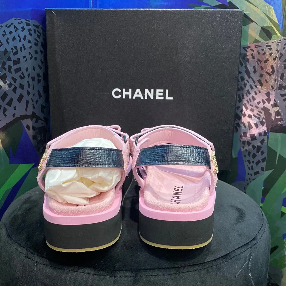 Chanel Pink Suede and Black Calfskin Dad Velcro Sandals