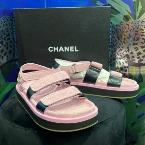 Chanel Pink Suede and Black Calfskin Dad Velcro Sandals