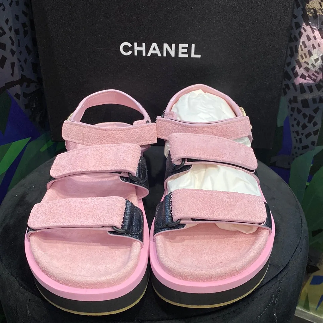 Chanel Pink Suede and Black Calfskin Dad Velcro Sandals