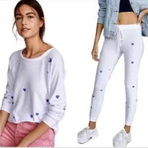 Chaser Cozy Hearts White Knit Graphic Jogger Set Long Sleeve NWT Pajamas White