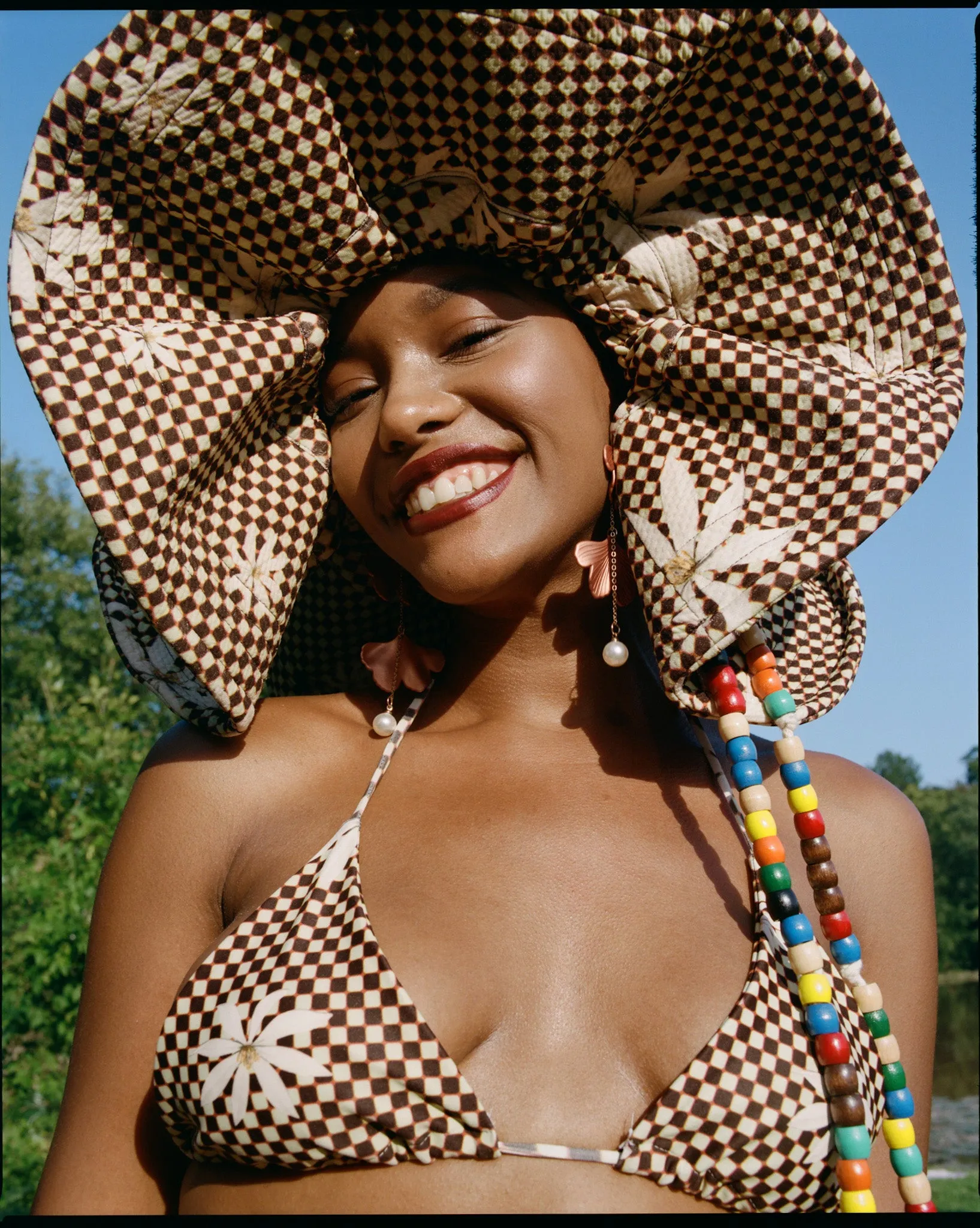 Checkered Bikini Waffle Print with Vintage Beads on Straps