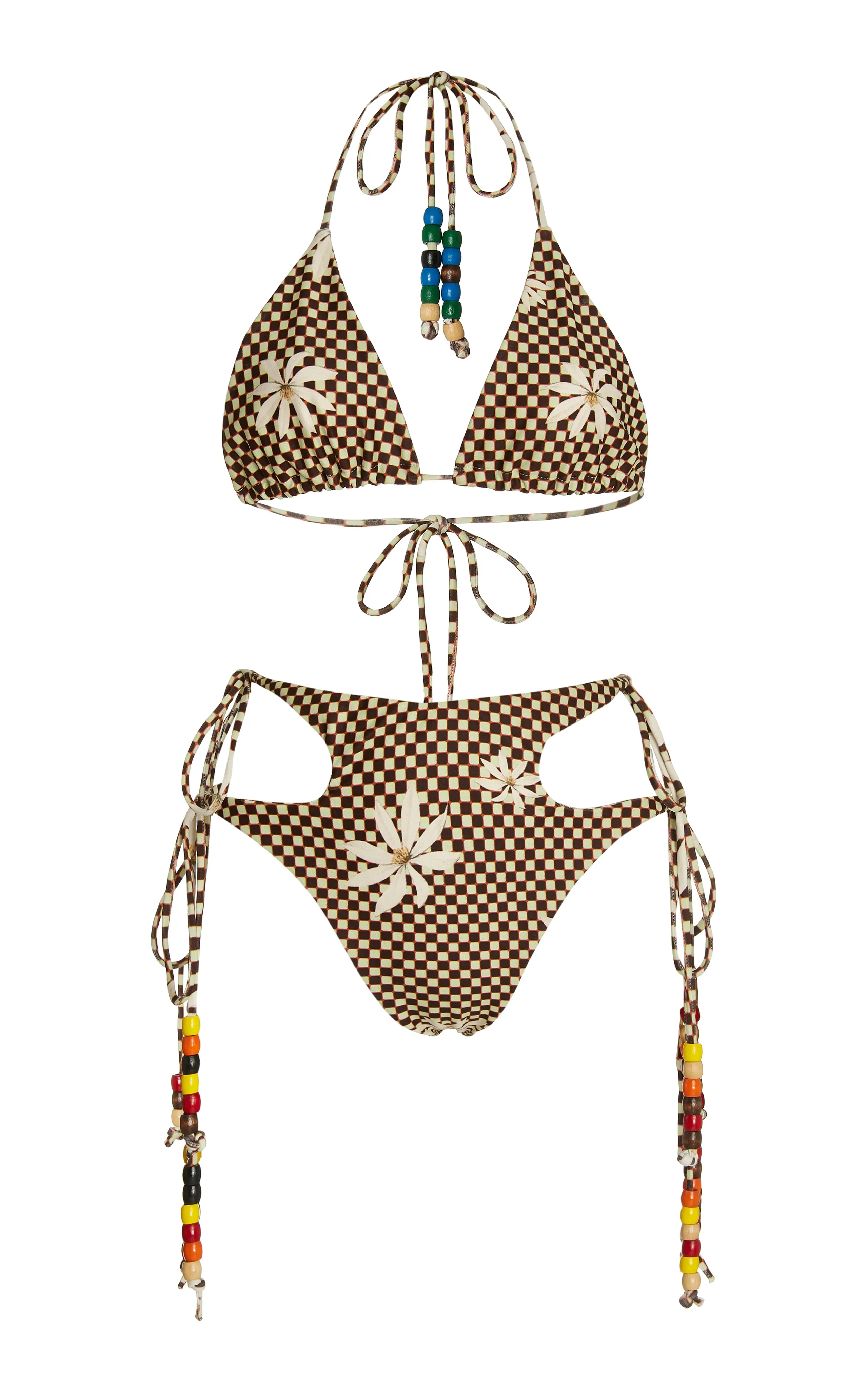 Checkered Bikini Waffle Print with Vintage Beads on Straps