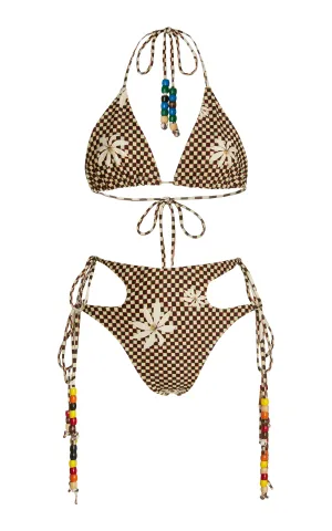 Checkered Bikini Waffle Print with Vintage Beads on Straps