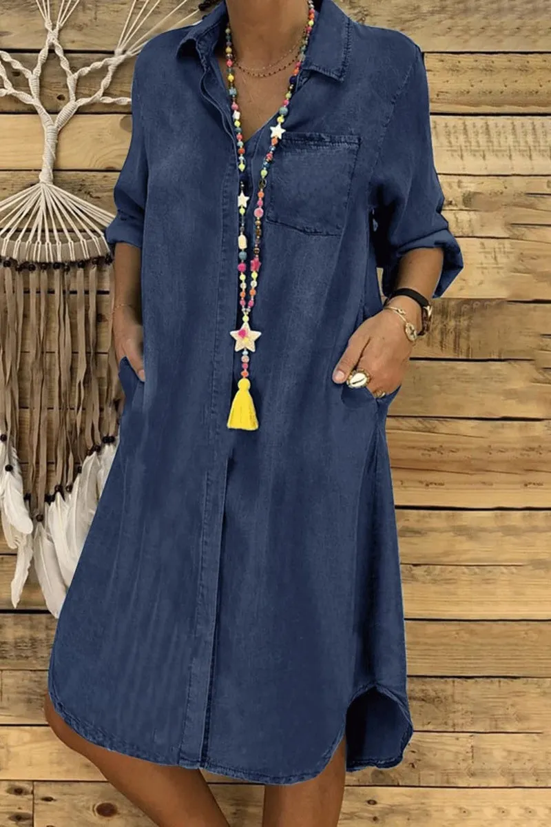 Chouyatou Denim Dress for Women 2025 Casual Loose Long Sleeve Classic Vintage Button Down Jean Shirt Dresses with Pockets