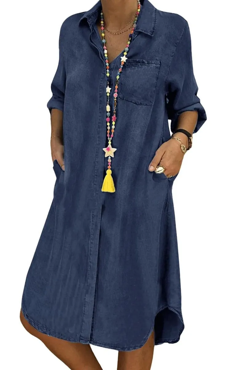Chouyatou Denim Dress for Women 2025 Casual Loose Long Sleeve Classic Vintage Button Down Jean Shirt Dresses with Pockets