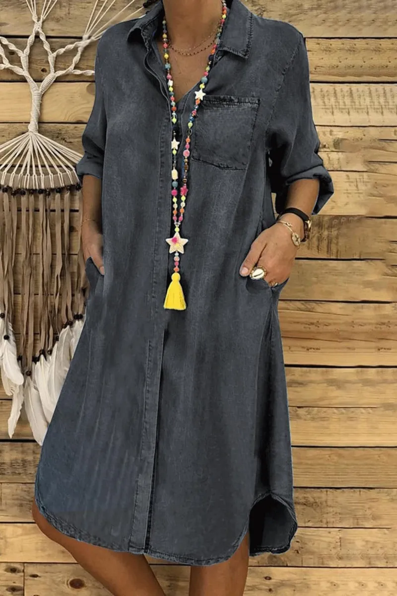 Chouyatou Denim Dress for Women 2025 Casual Loose Long Sleeve Classic Vintage Button Down Jean Shirt Dresses with Pockets