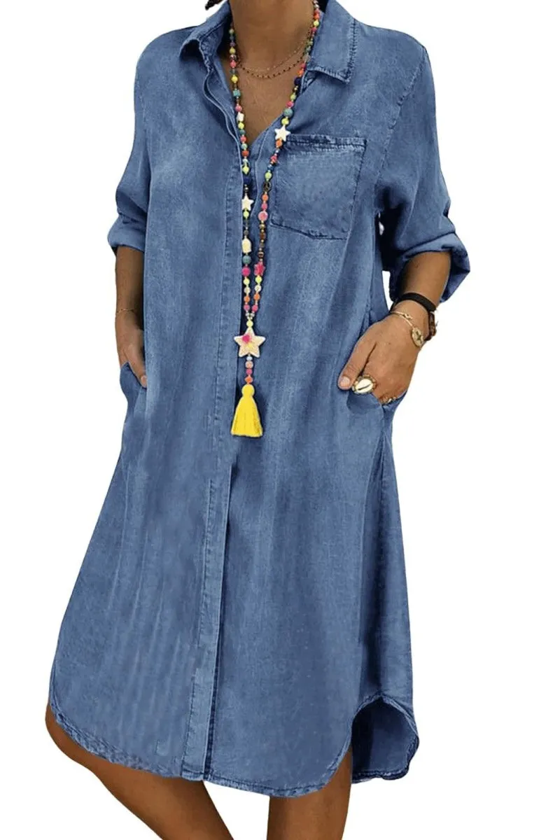 Chouyatou Denim Dress for Women 2025 Casual Loose Long Sleeve Classic Vintage Button Down Jean Shirt Dresses with Pockets