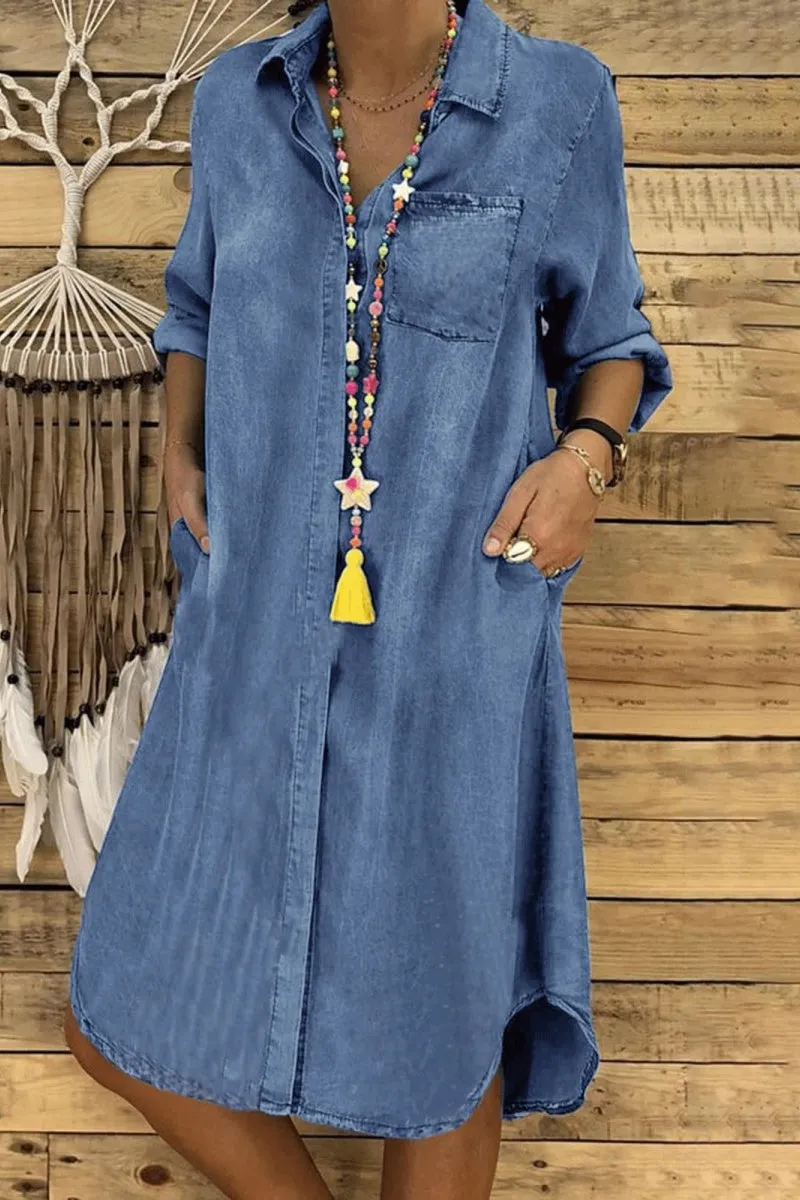Chouyatou Denim Dress for Women 2025 Casual Loose Long Sleeve Classic Vintage Button Down Jean Shirt Dresses with Pockets