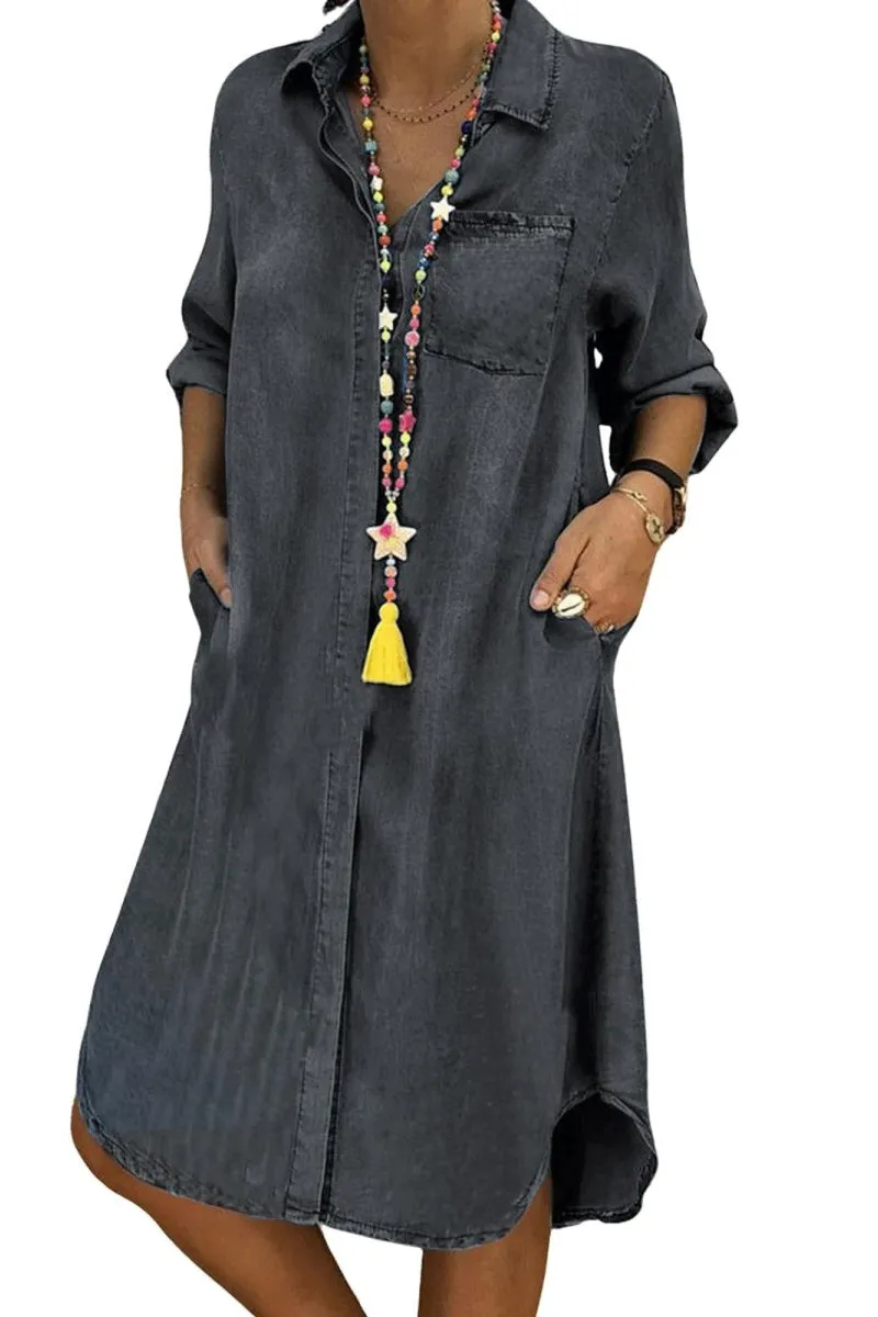 Chouyatou Denim Dress for Women 2025 Casual Loose Long Sleeve Classic Vintage Button Down Jean Shirt Dresses with Pockets
