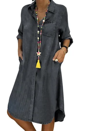 Chouyatou Denim Dress for Women 2025 Casual Loose Long Sleeve Classic Vintage Button Down Jean Shirt Dresses with Pockets