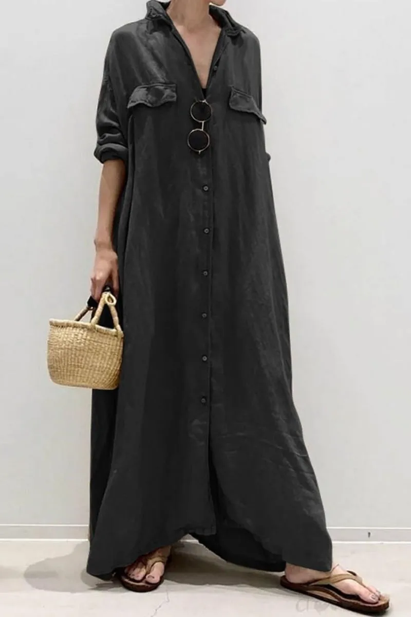 Chouyatou Women's Casual Long Sleeve Maxi Shirt Dress Loose Fit Cotton Button Down Swing Long Dress