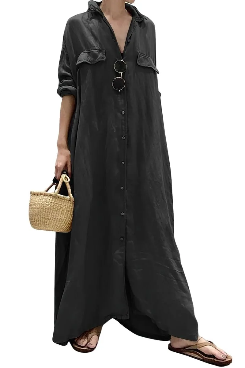Chouyatou Women's Casual Long Sleeve Maxi Shirt Dress Loose Fit Cotton Button Down Swing Long Dress