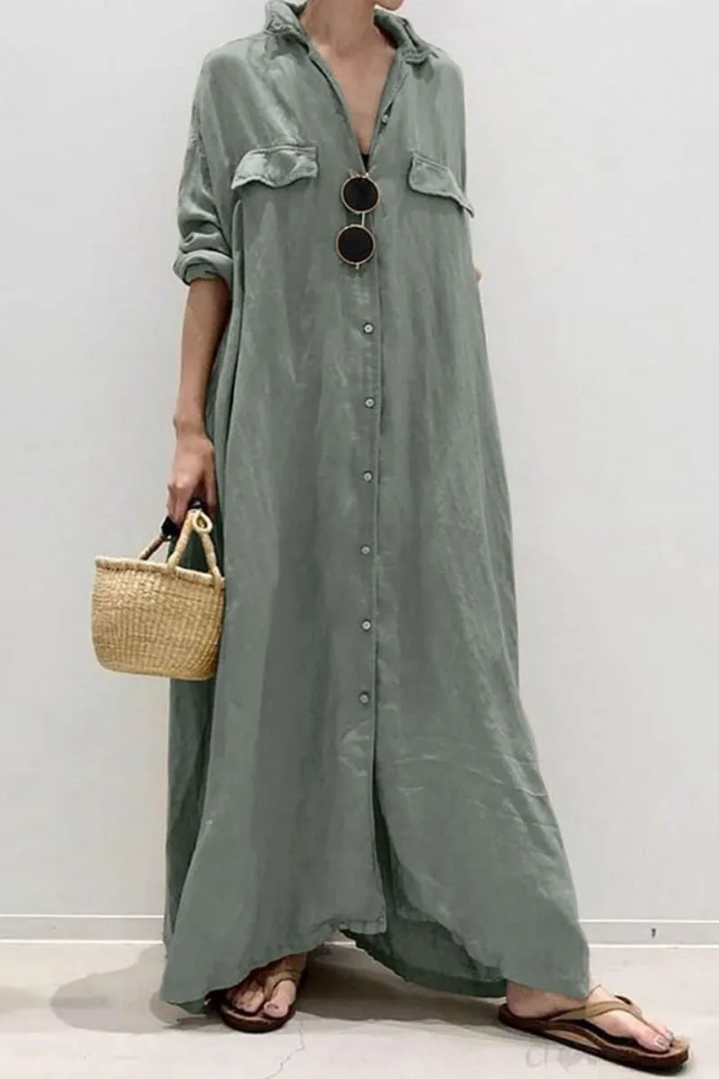Chouyatou Women's Casual Long Sleeve Maxi Shirt Dress Loose Fit Cotton Button Down Swing Long Dress
