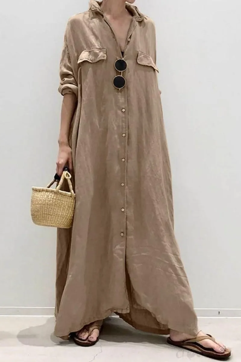Chouyatou Women's Casual Long Sleeve Maxi Shirt Dress Loose Fit Cotton Button Down Swing Long Dress