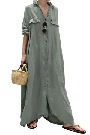 Chouyatou Women's Casual Long Sleeve Maxi Shirt Dress Loose Fit Cotton Button Down Swing Long Dress