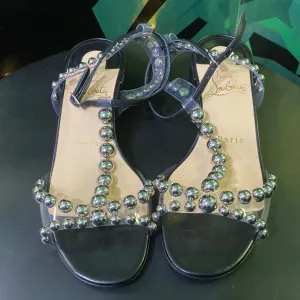 Christian Louboutin Black Leather Silver Stud Sandal with PVC T Strap