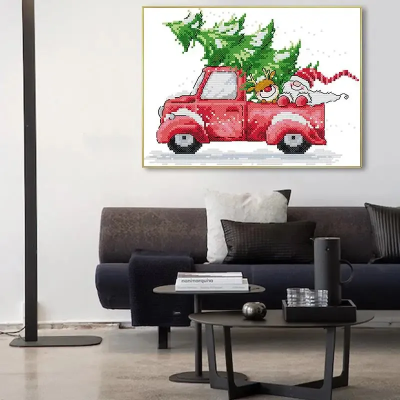 Christmas Stitch Red Car 14ct White Stamped Canvas Fabric