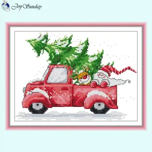 Christmas Stitch Red Car 14ct White Stamped Canvas Fabric