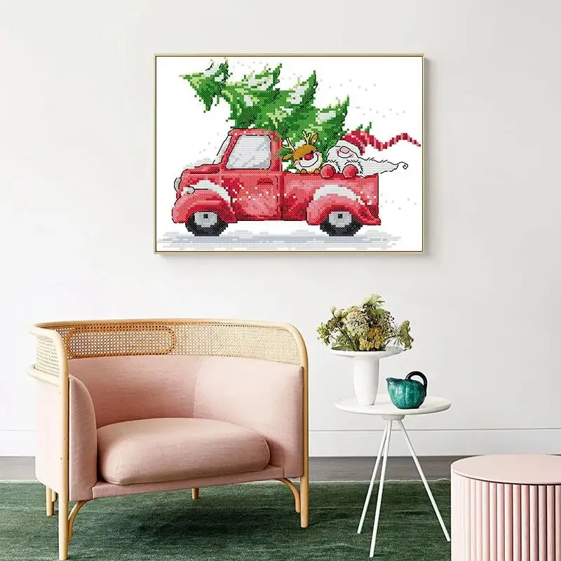 Christmas Stitch Red Car 14ct White Stamped Canvas Fabric