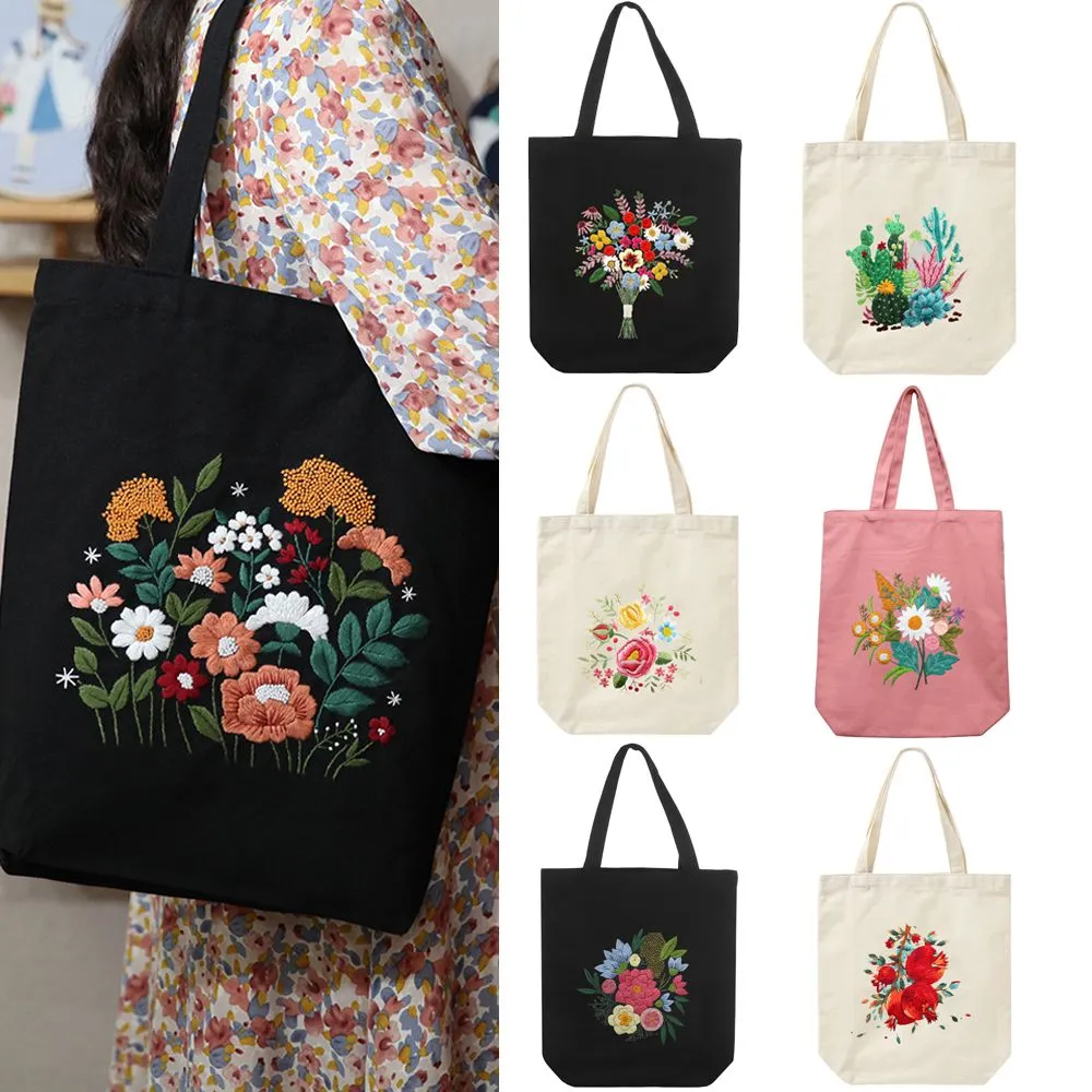 DIY Canvas Tote Bag Embroidery Kit With Flower DIY Arts Crafts Beginners Needlepoint Kits