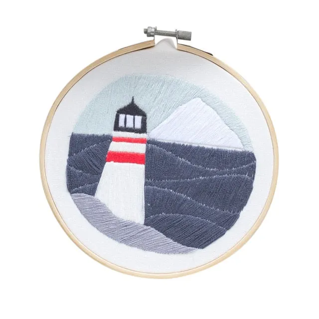 DIY Embroidery Bamboo Hoop Decor - Coastline  Lighthouse Sunrise