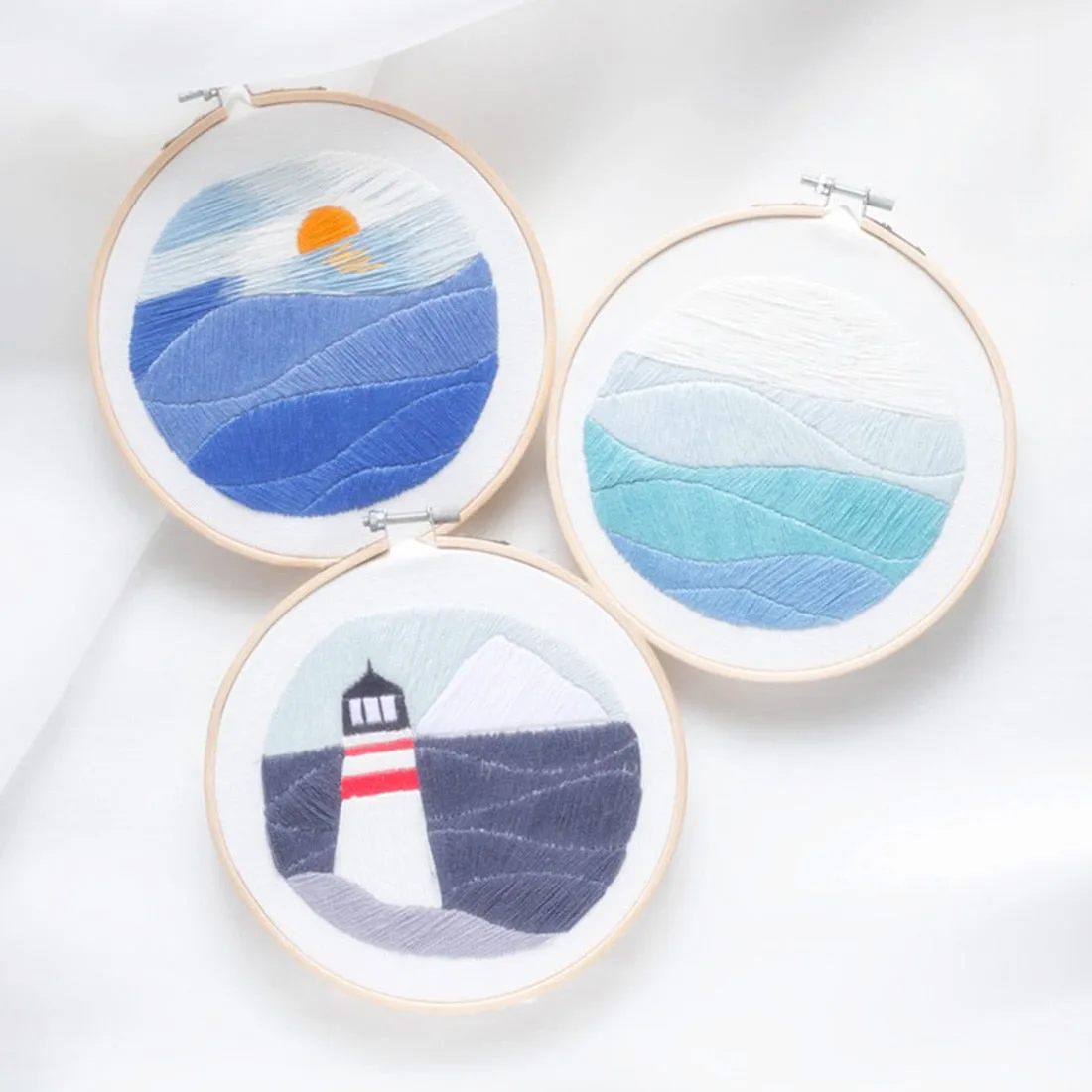 DIY Embroidery Bamboo Hoop Decor - Coastline  Lighthouse Sunrise