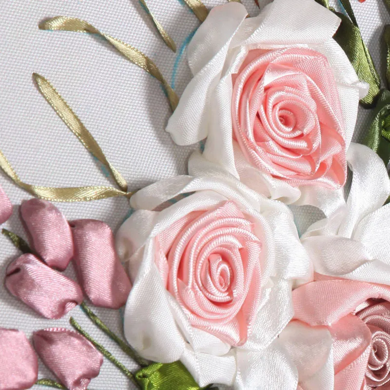 DIY kit 3D Ribbon embroidery - Pink roses flowers